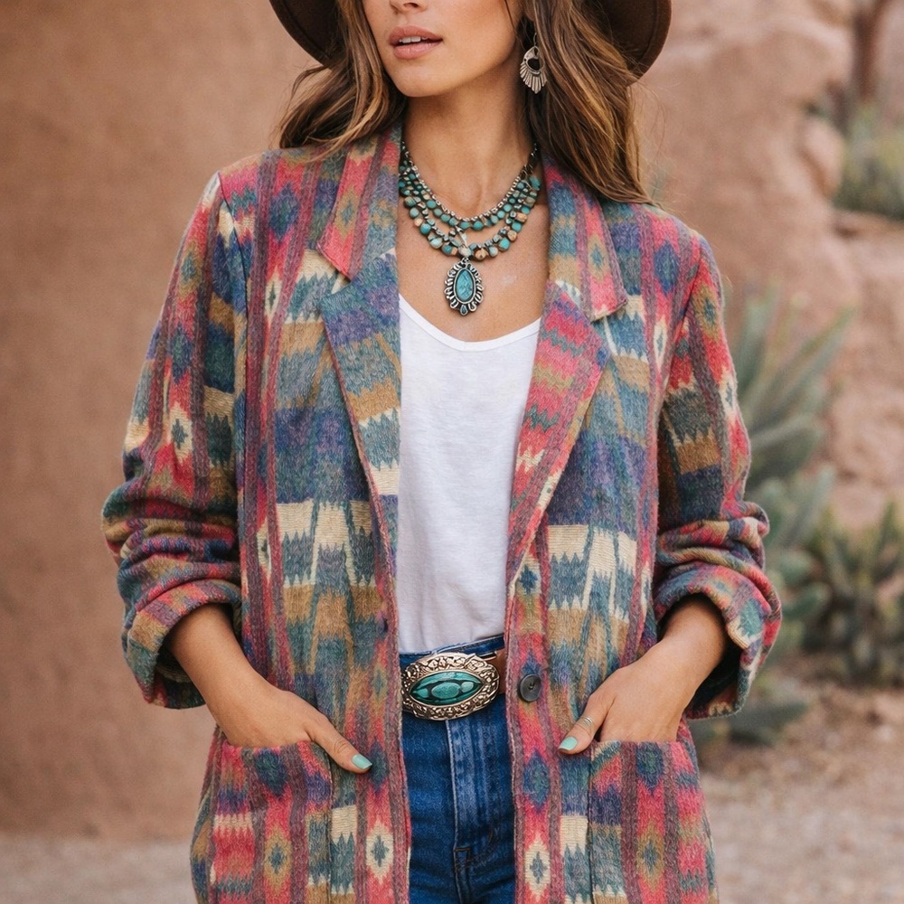 Vintage Southwestern Aztec Boho Blazer — G.S.L. USA — Statement Jacket